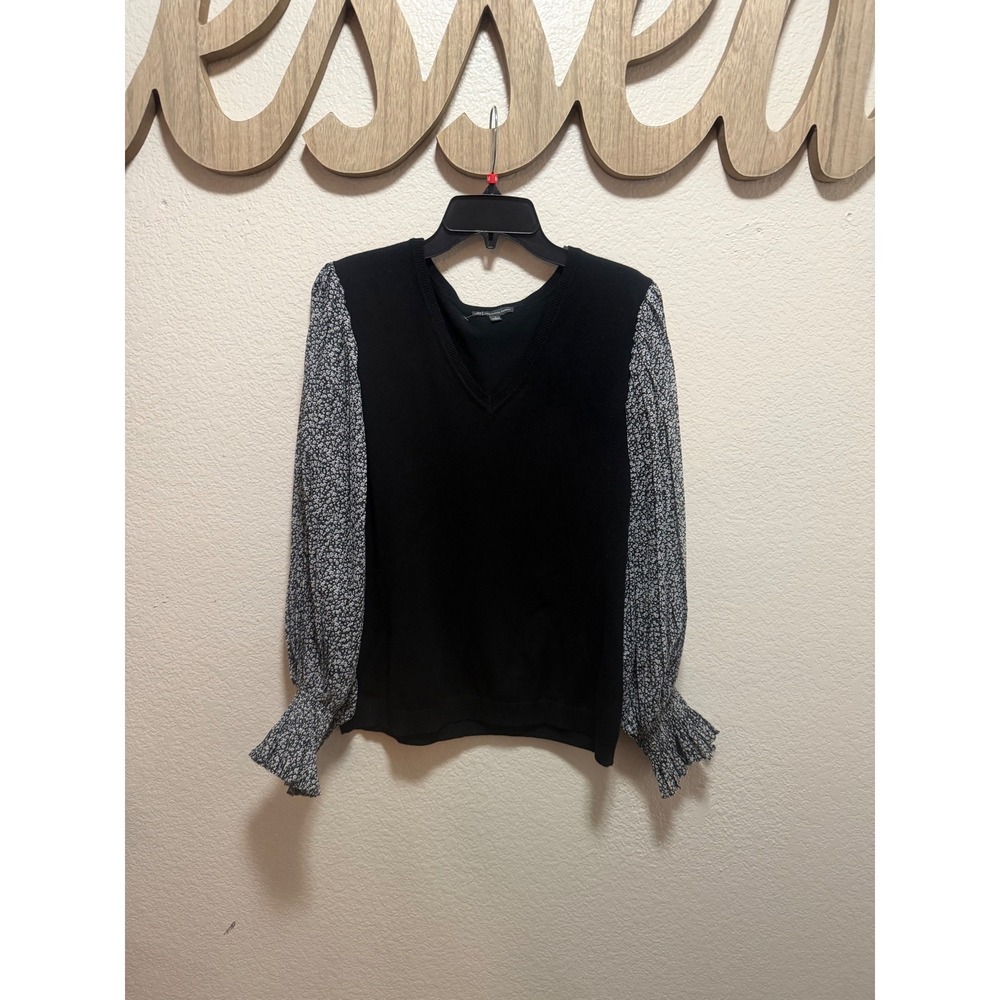 Adrianna Papell Black Mixed Media V-Neck Sweater Floral Smocked Sleeve Top L